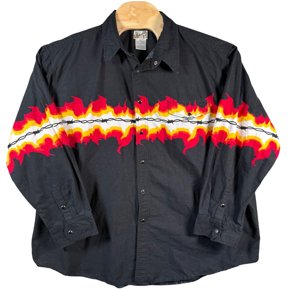 Express Rider Flame Barbed Wire Western Shirt Mens 3XL Black Pearl‎ Snap Cotton